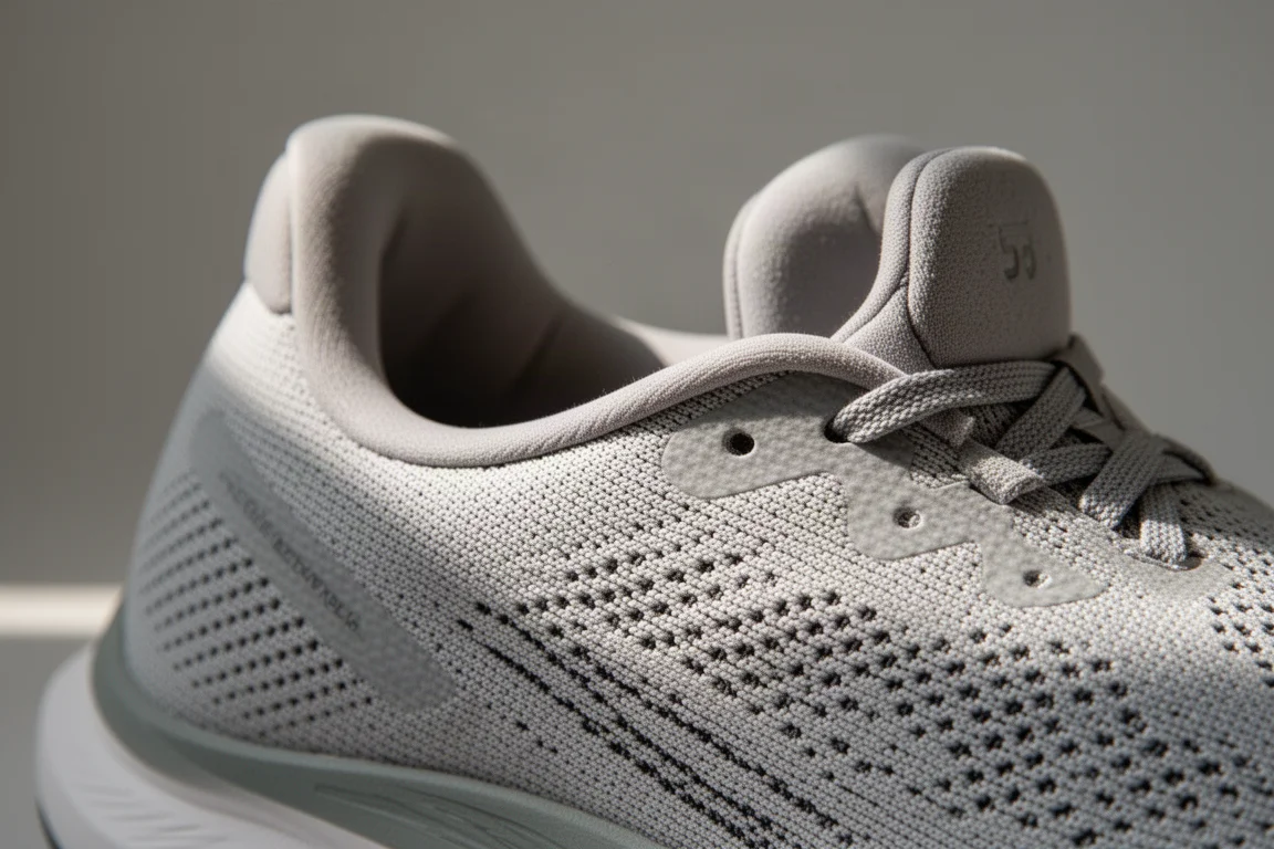 Close-up of the engineered mesh upper and padded collar of a running shoe