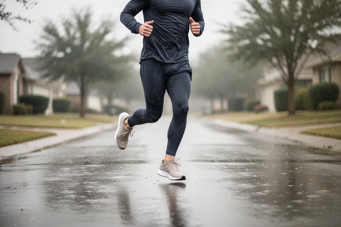 Runner setting off on an easy-paced 10k on quiet wet pavement