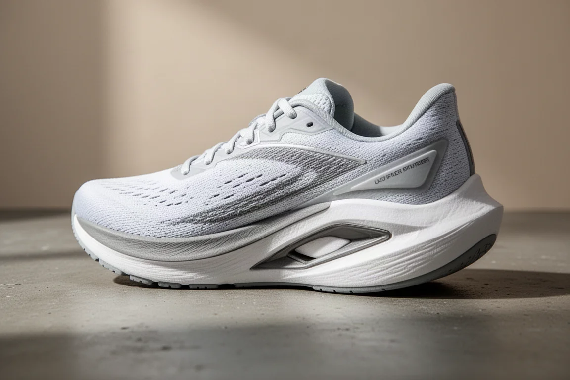 Close-up of a running shoe midsole showing layered foam and support geometry