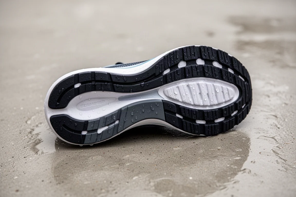 Close-up of the durable rubber outsole of a running shoe on concrete