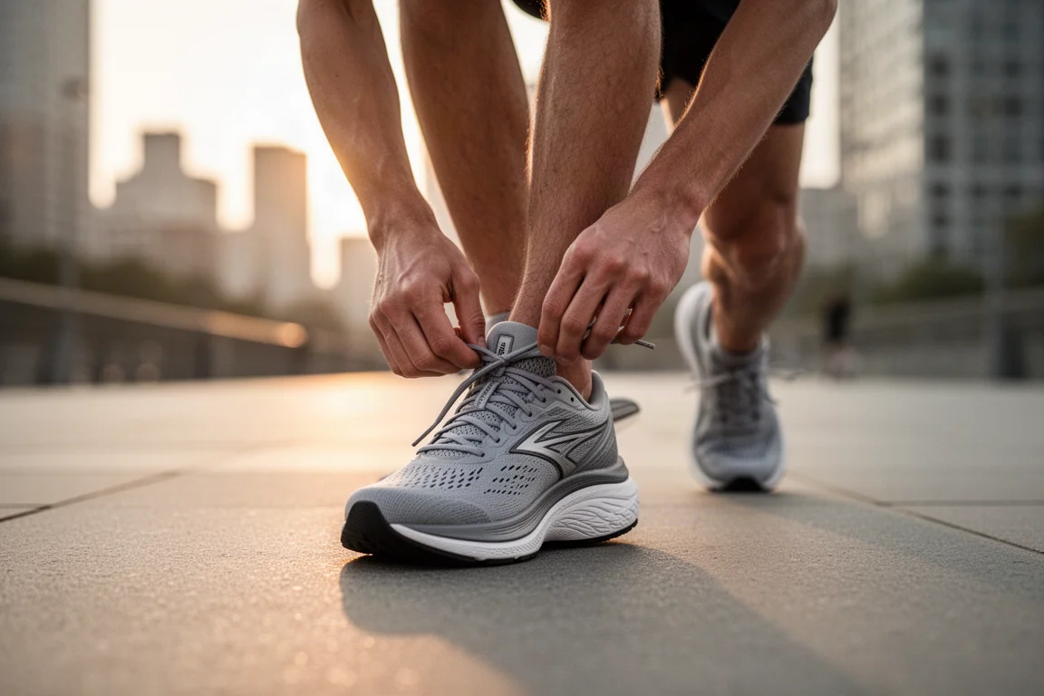 Runner lacing up a stability running shoe on a cool autumn morning