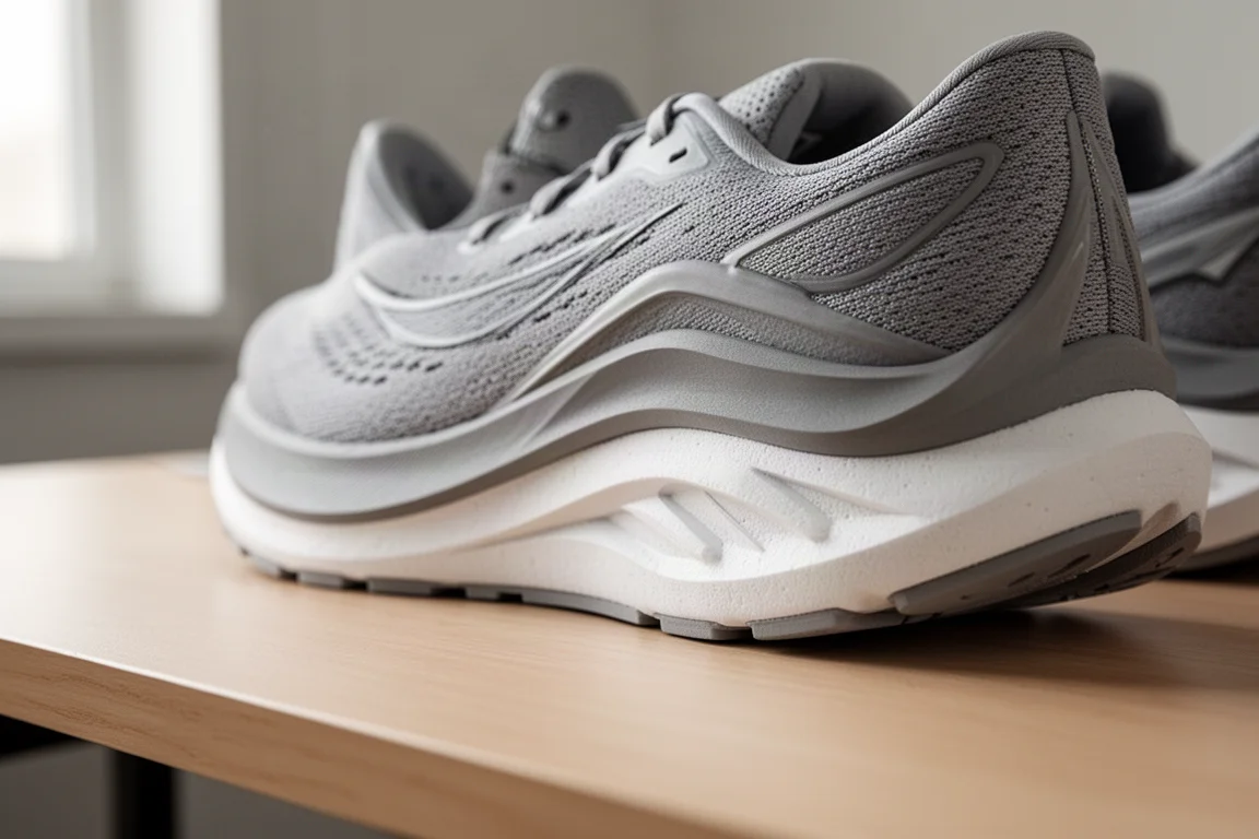 Detailed view of a thick cushioned running shoe midsole showing stable heel geometry