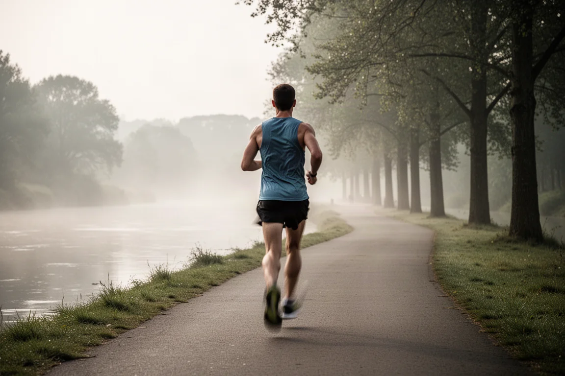 Easy recovery run on a quiet tree-lined suburban road in fall