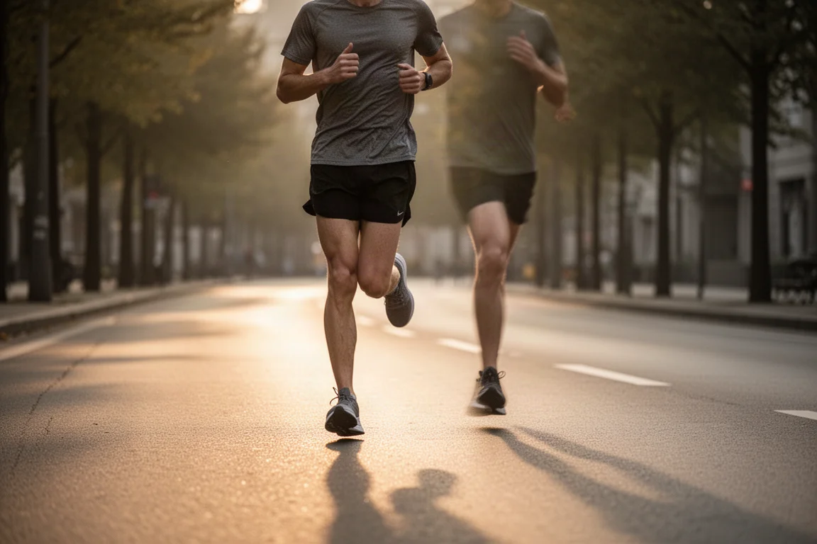 Un coureur avance sur un chemin pavé calme sous une lumière couverte et douce