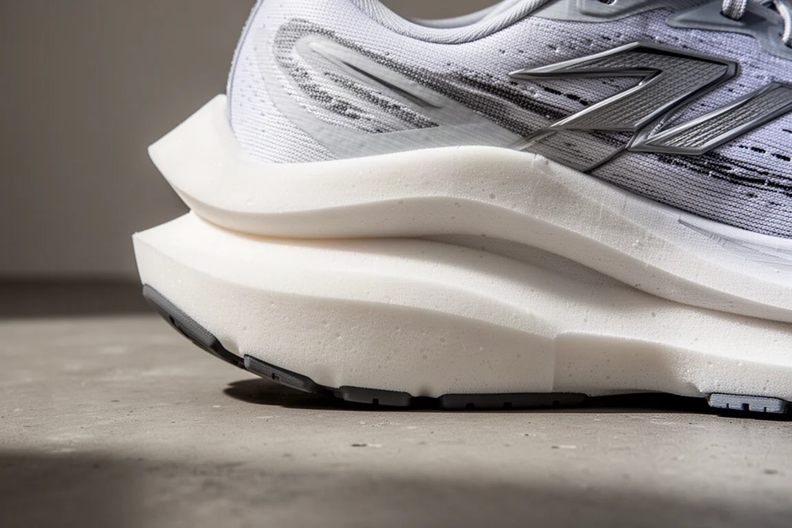 Close-up of a high-stack running shoe midsole showing layered foam and a wide medial sidewall