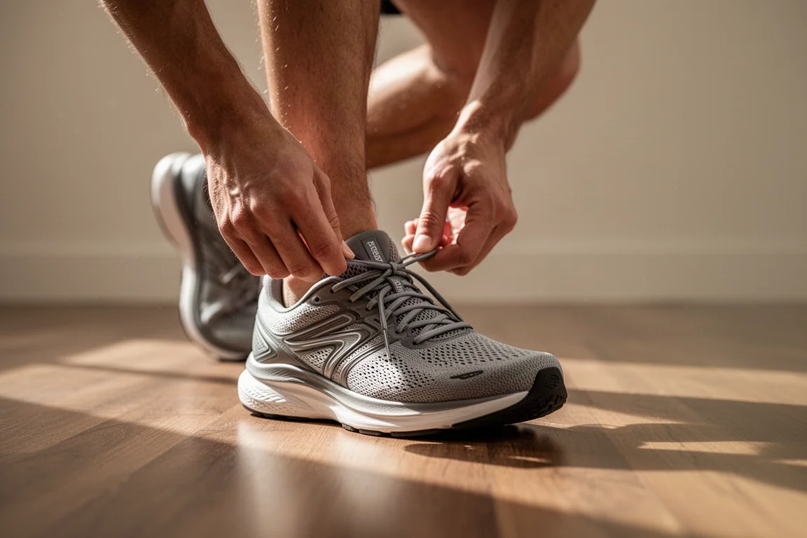Runner lacing up a padded running shoe on a wooden floor at home