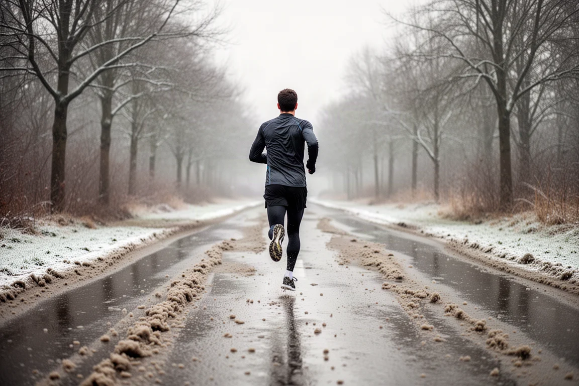Runner moving at an easy pace along a wet winter road