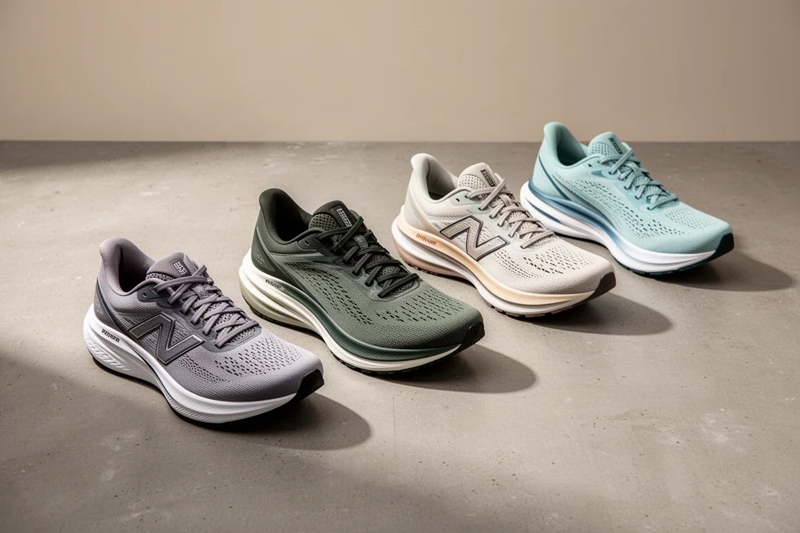 Collection of several running shoes arranged in a row on a neutral studio surface