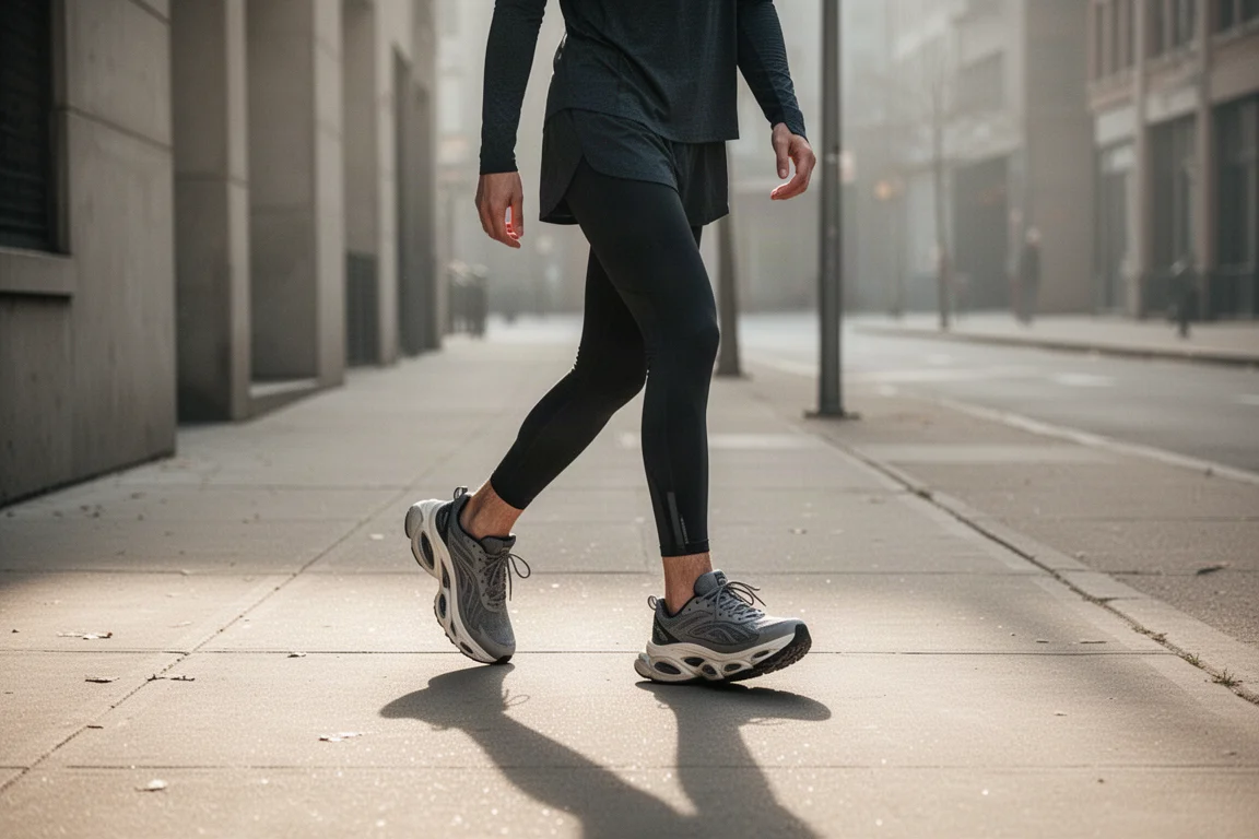 Hardloper wandelt over een stoeptegel in gecushionde sneakers