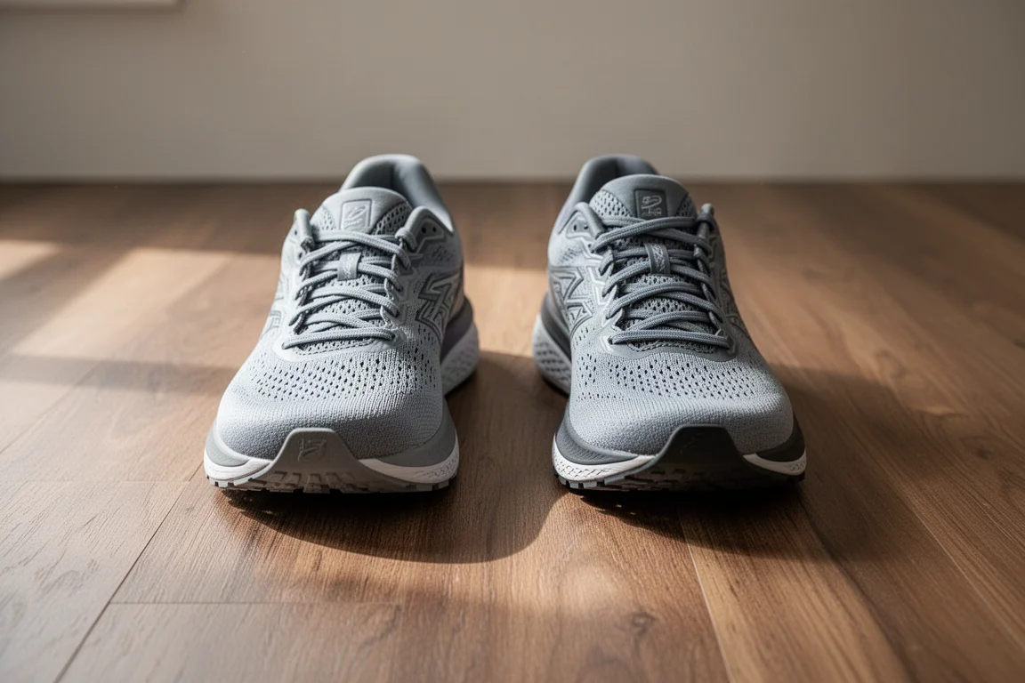 Twee hardloopschoenen naast elkaar op een houten vloer ter vergelijking