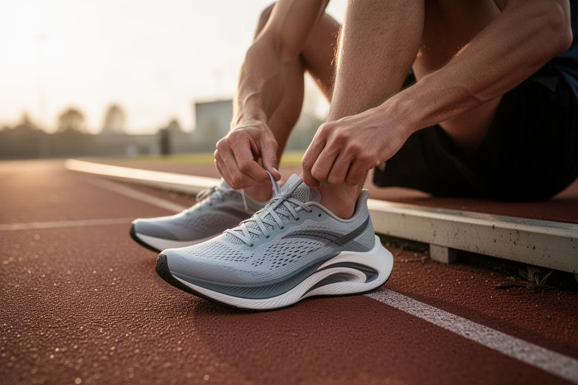 Runner lacing up a pair of lightweight racing shoes on a track
