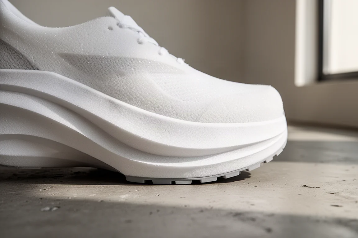 Close-up of a thick white ZoomX-style midsole showing its aggressive rocker shape