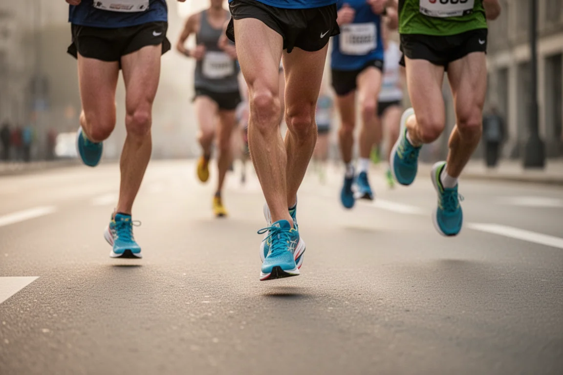 Runners racing on a road course in the early morning