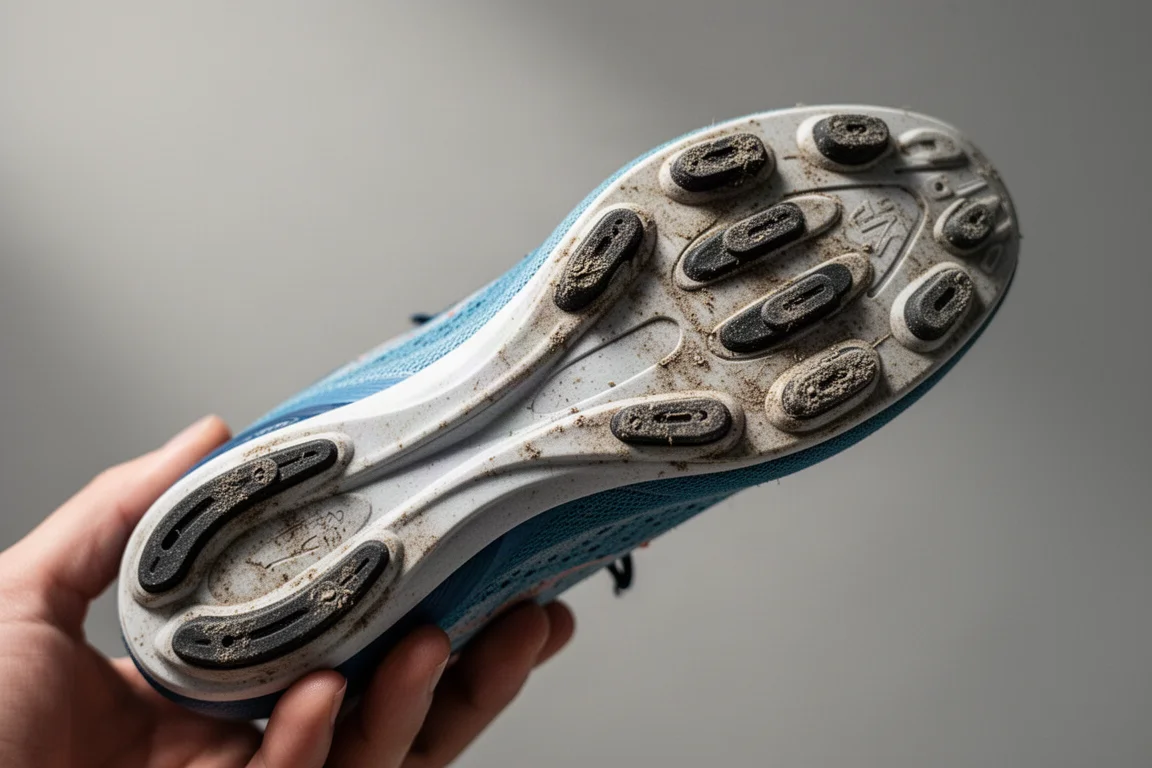 Outsole of a racing shoe showing visible wear on the rubber pods