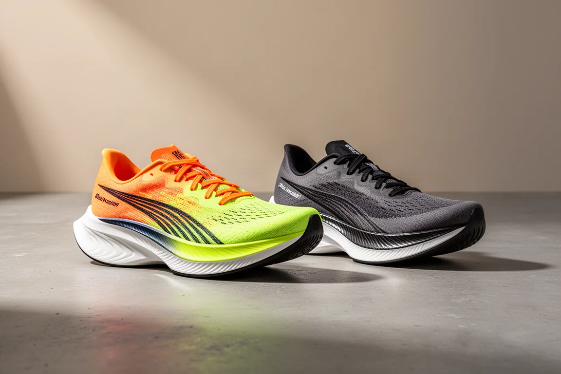 Two pairs of lightweight carbon-plated racing shoes on a concrete surface