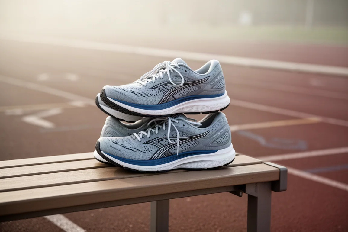 Runner lacing up a pair of plated training shoes on a trackside bench