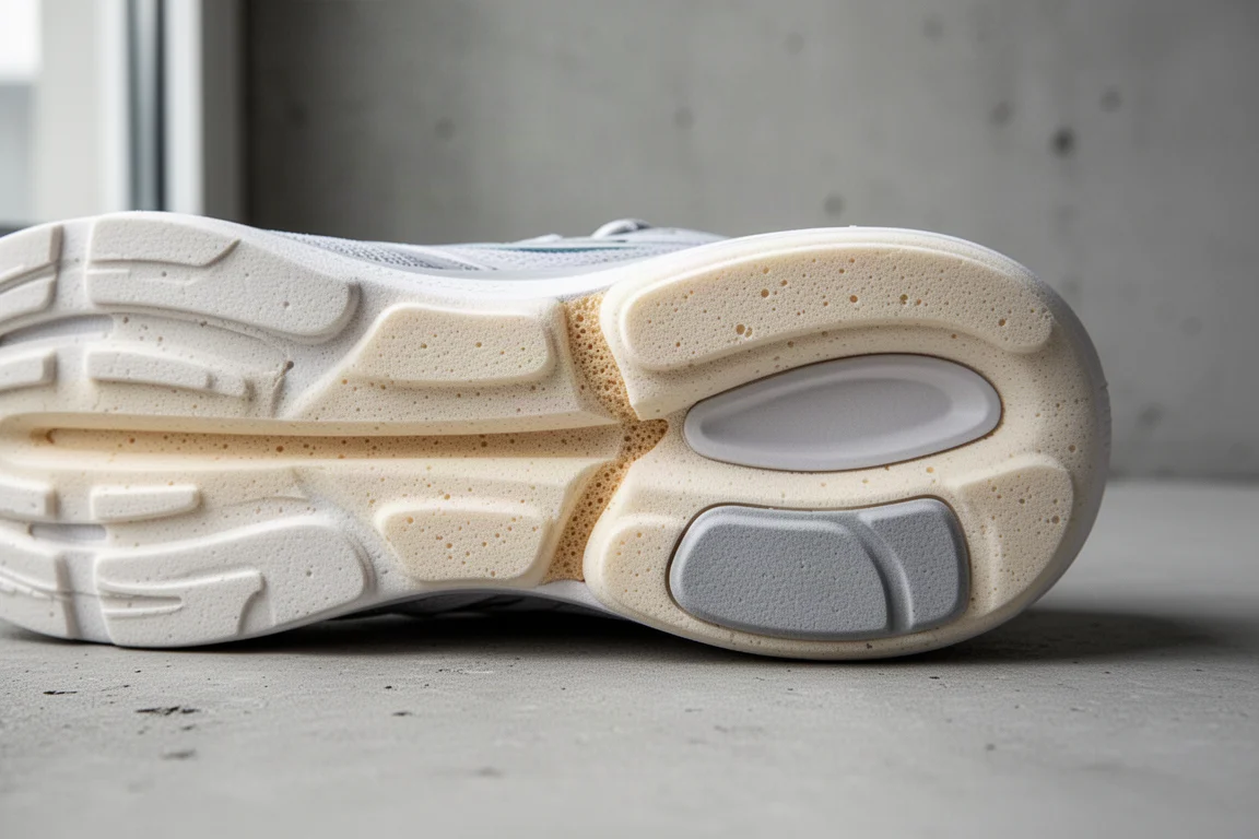 Close-up of a running shoe midsole showing layered foam construction