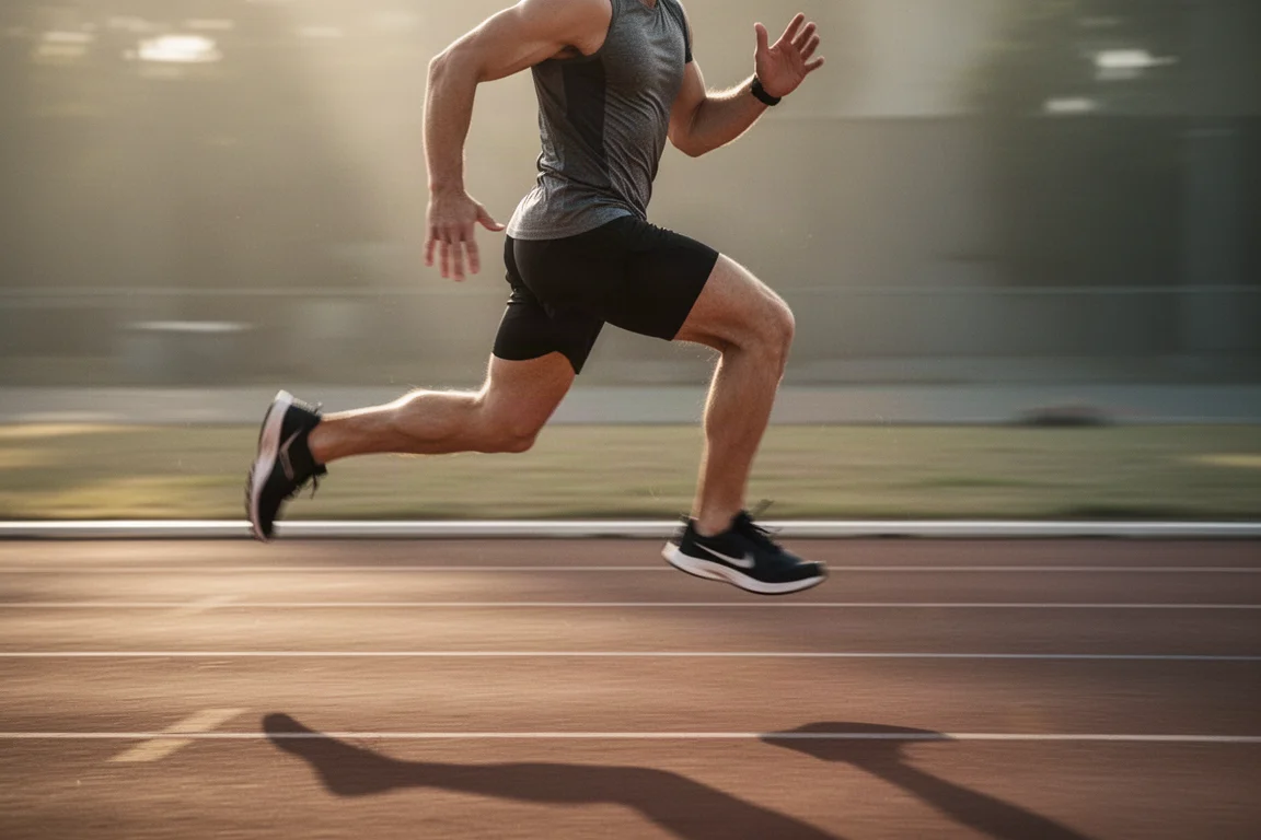 Runner moving at pace on a track during an interval session