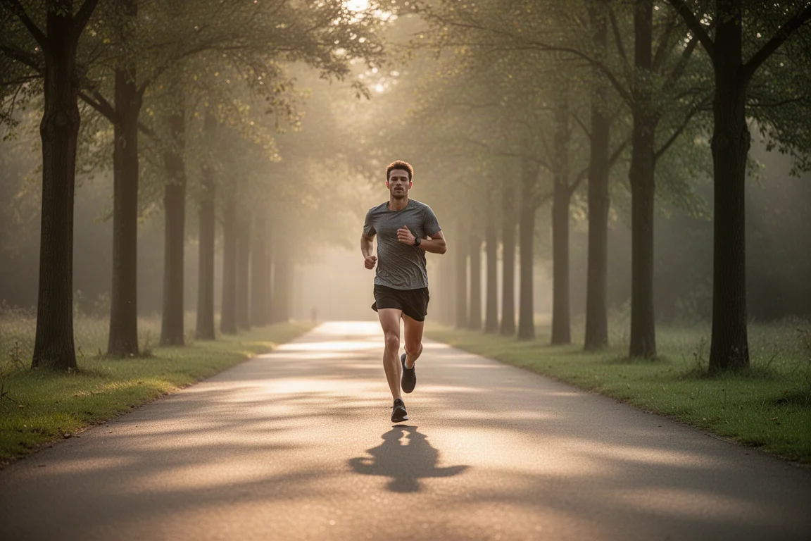 Runner jogging along a quiet tree-lined path on a long easy run