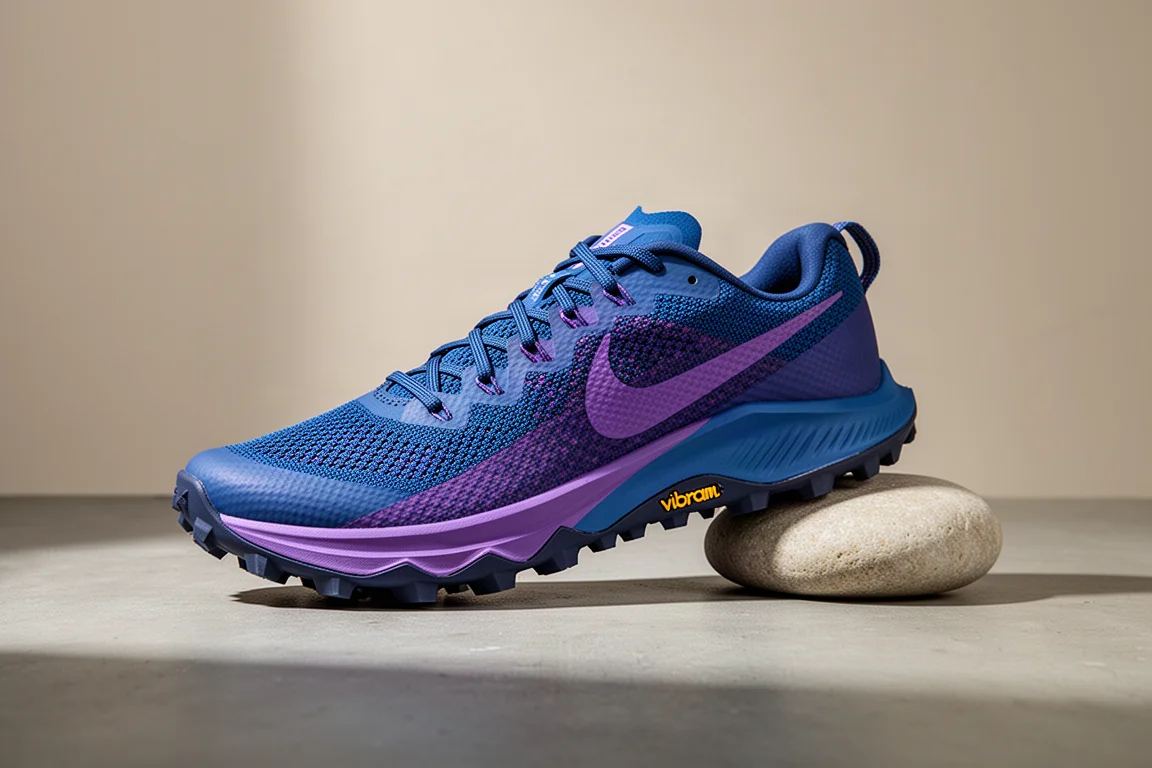 Nike Terra Kiger 10 藍紫配色越野跑鞋放在混凝土表面