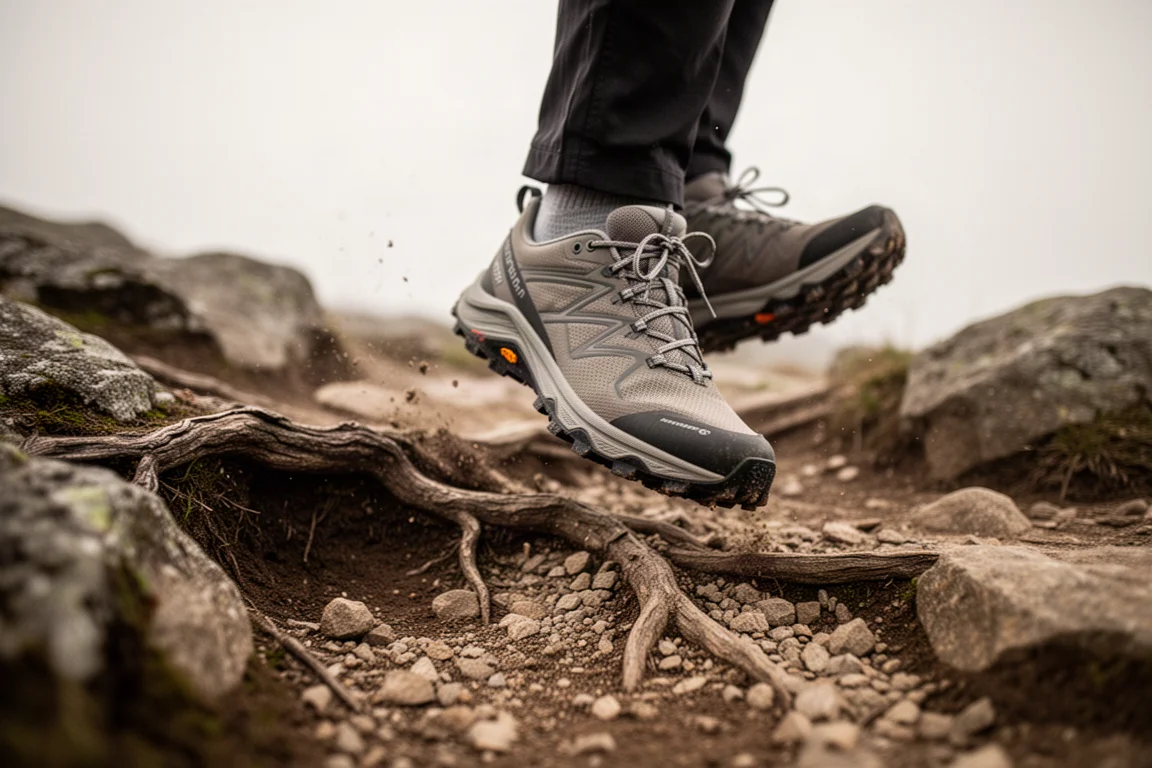 Fuß eines Läufers auf technischem, wurzeligem Trailuntergrund