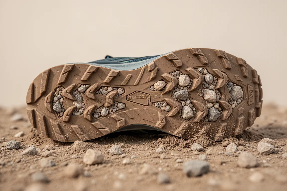 Nahaufnahme einer Trail-Schuhsohle mit Gummi-Stollen auf trockenem Schotter