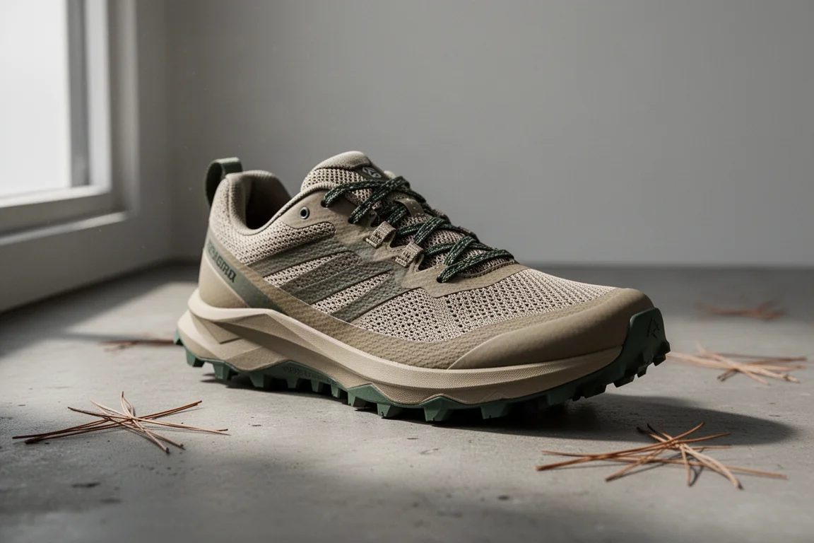 Lightweight trail running shoe on a concrete surface with pine needles