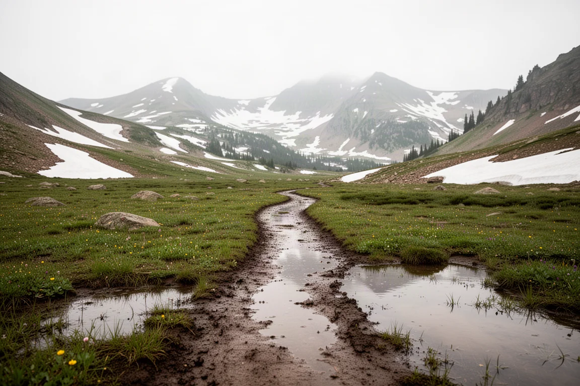 Sentiero singolo fangoso e bagnato che serpeggia tra le montagne del Colorado