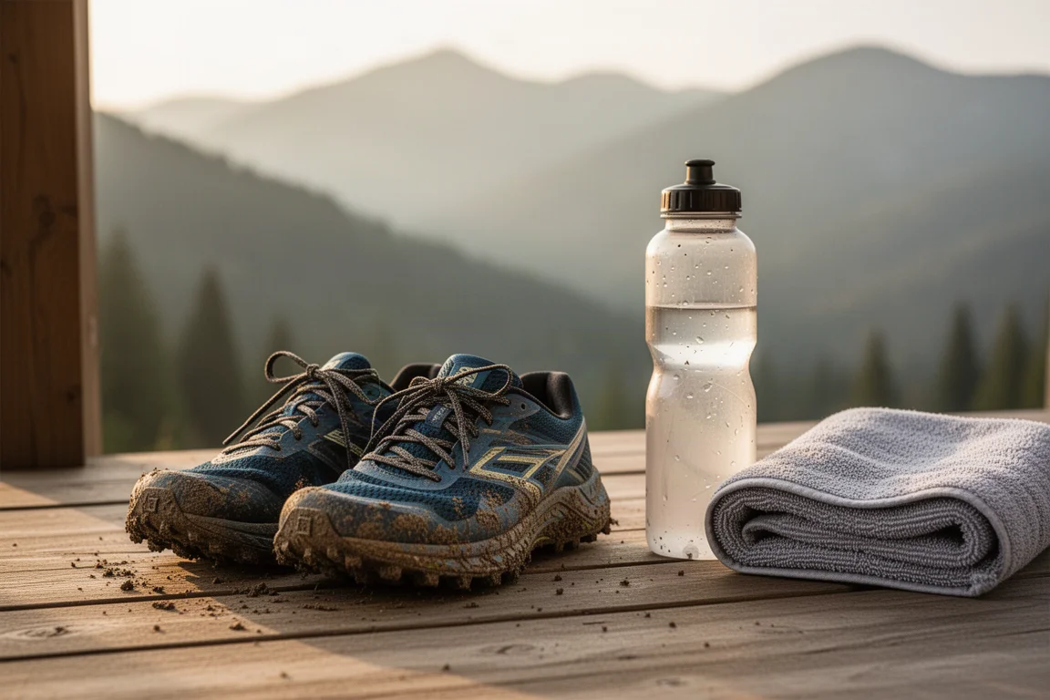 Gambe di un corridore in stretching accanto a una scarpa da trail dopo una lunga corsa su sentiero