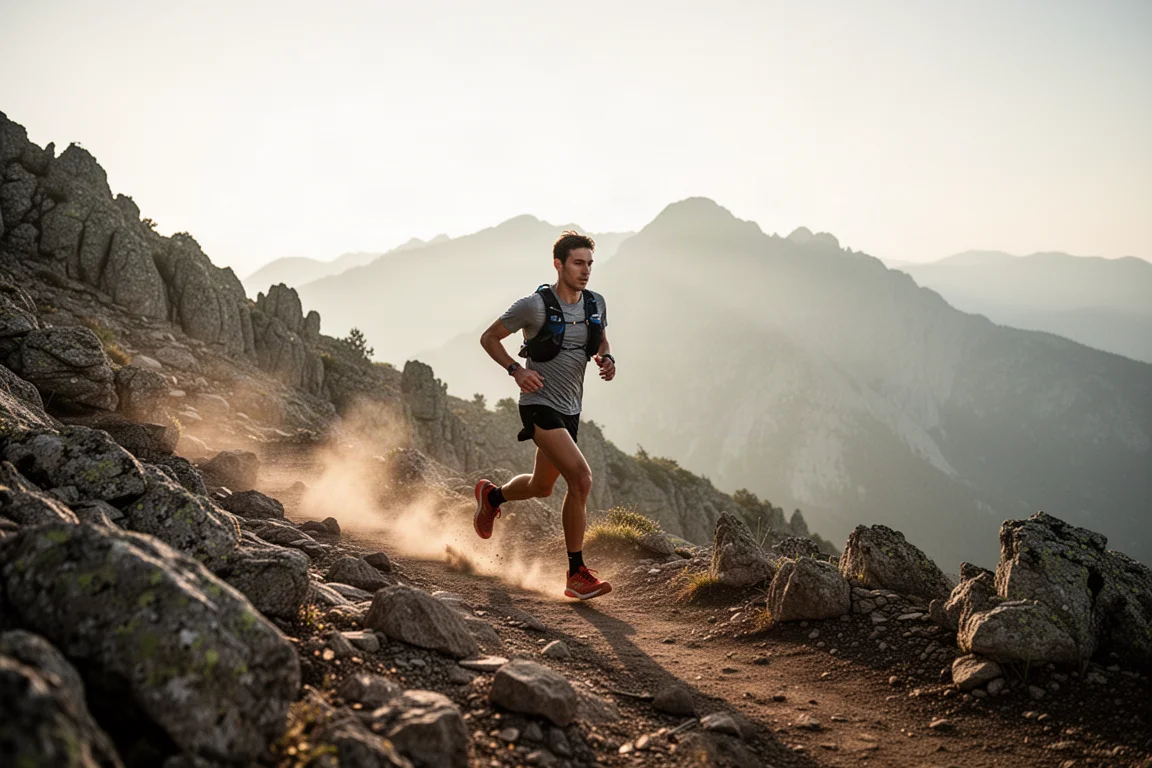 Trailrunner überquert felsiges Gelände auf einer langen Bergstrecke