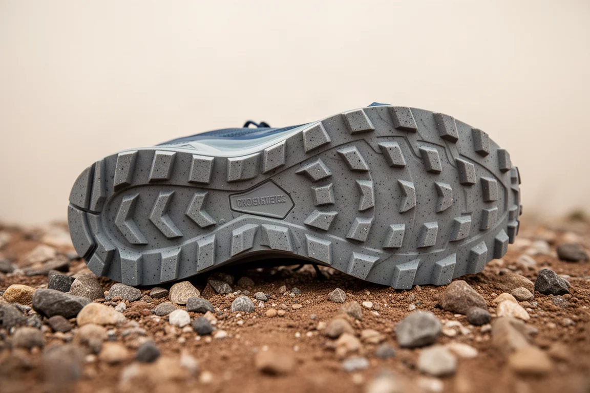 Trailschuh-Außensohle mit kantigen Stollen auf gemischtem Schotteruntergrund