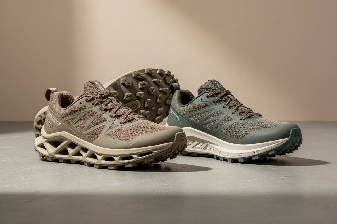 Two Nike trail running shoes side by side on a concrete surface