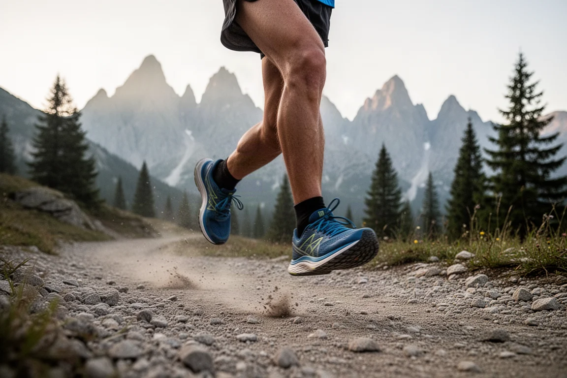 Pies de un corredor de trail en un camino de grava alpino con picos montañosos al fondo
