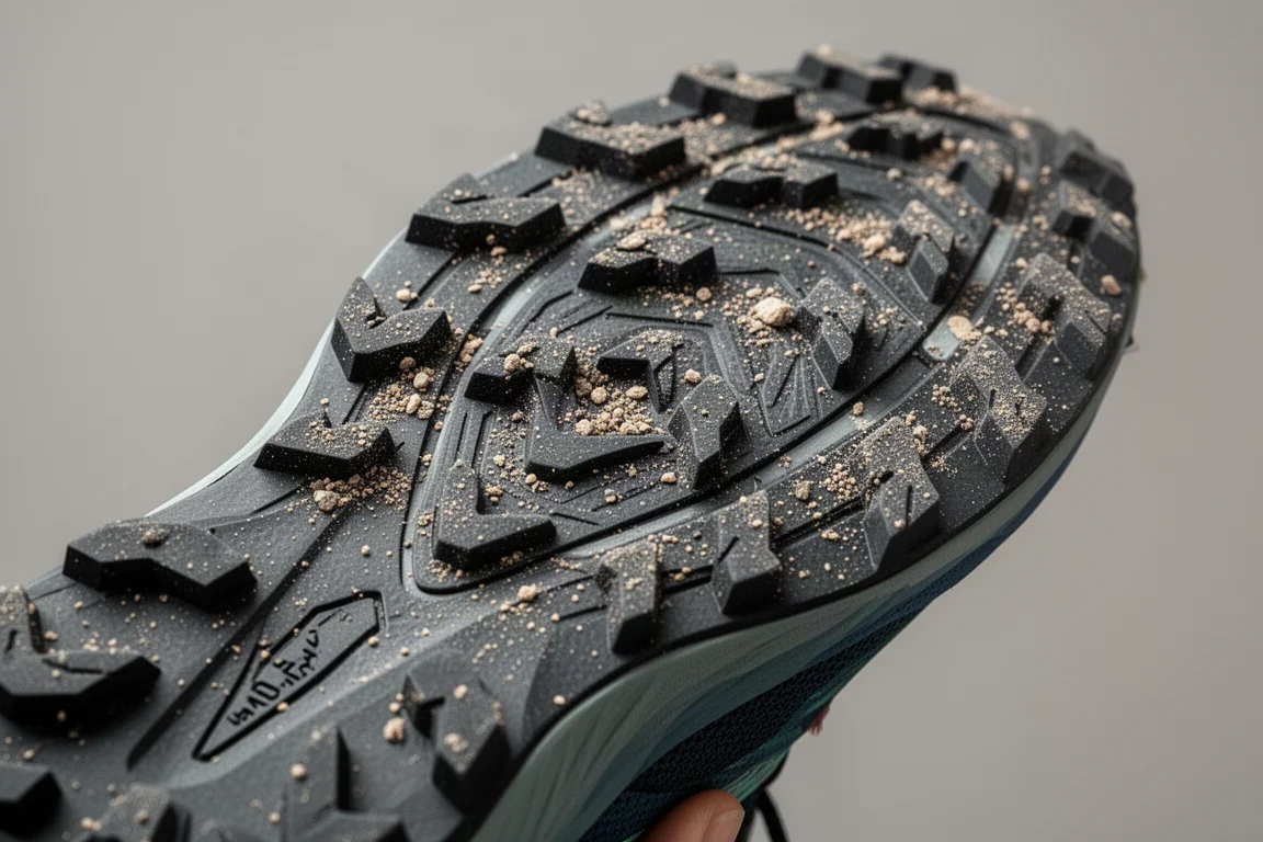 Primer plano de la suela de una zapatilla de trail mostrando tacos mixtos