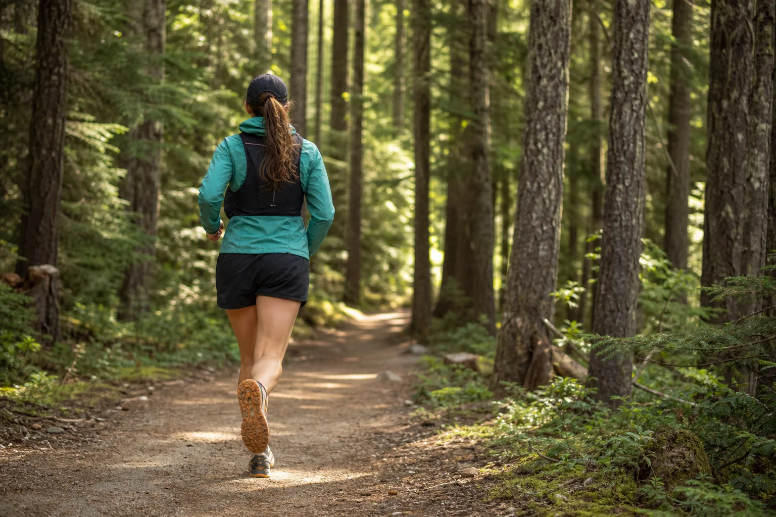 Corredor de trail principiante en un camino forestal fácil y accesible con terreno suave