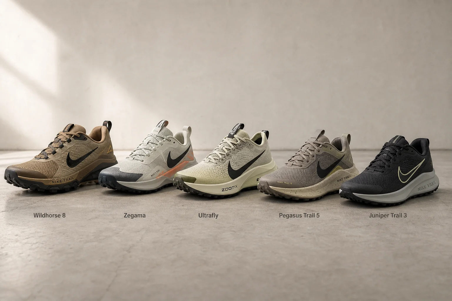 Fem Nike-trailskor uppställda i en progression på en betongyta