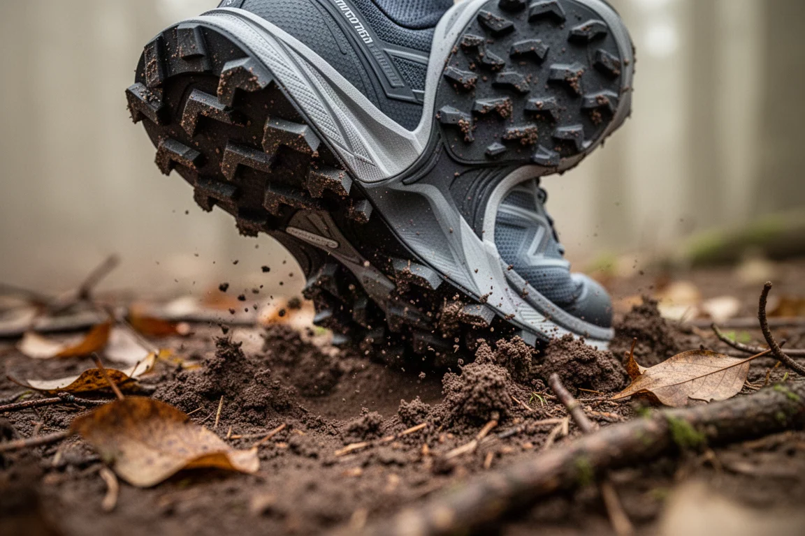 Primer plano de la suela de una zapatilla de trail agarrándose a un terreno fangoso de bosque