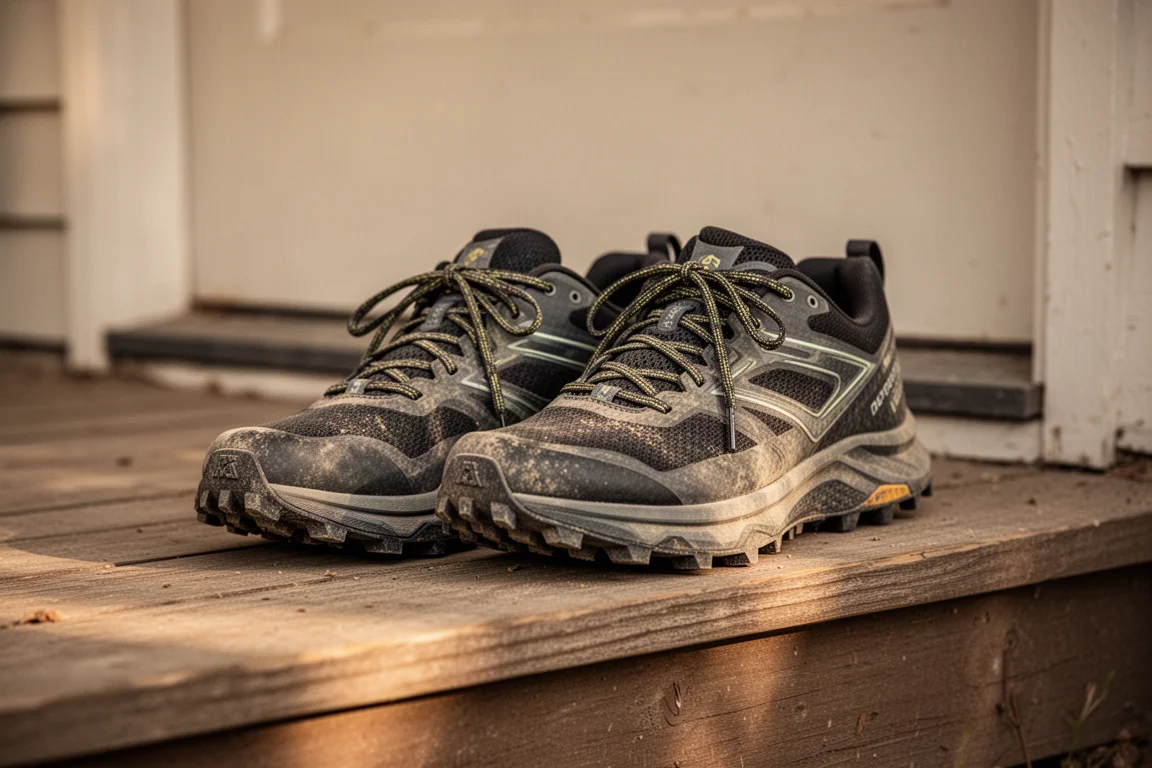 Zapatillas de trail descansando sobre un escalón de madera de un porche tras la carrera