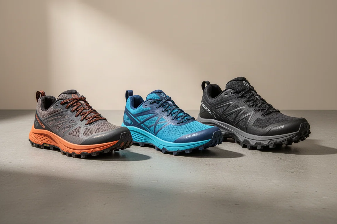 Three Nike trail running shoes lined up on a concrete surface