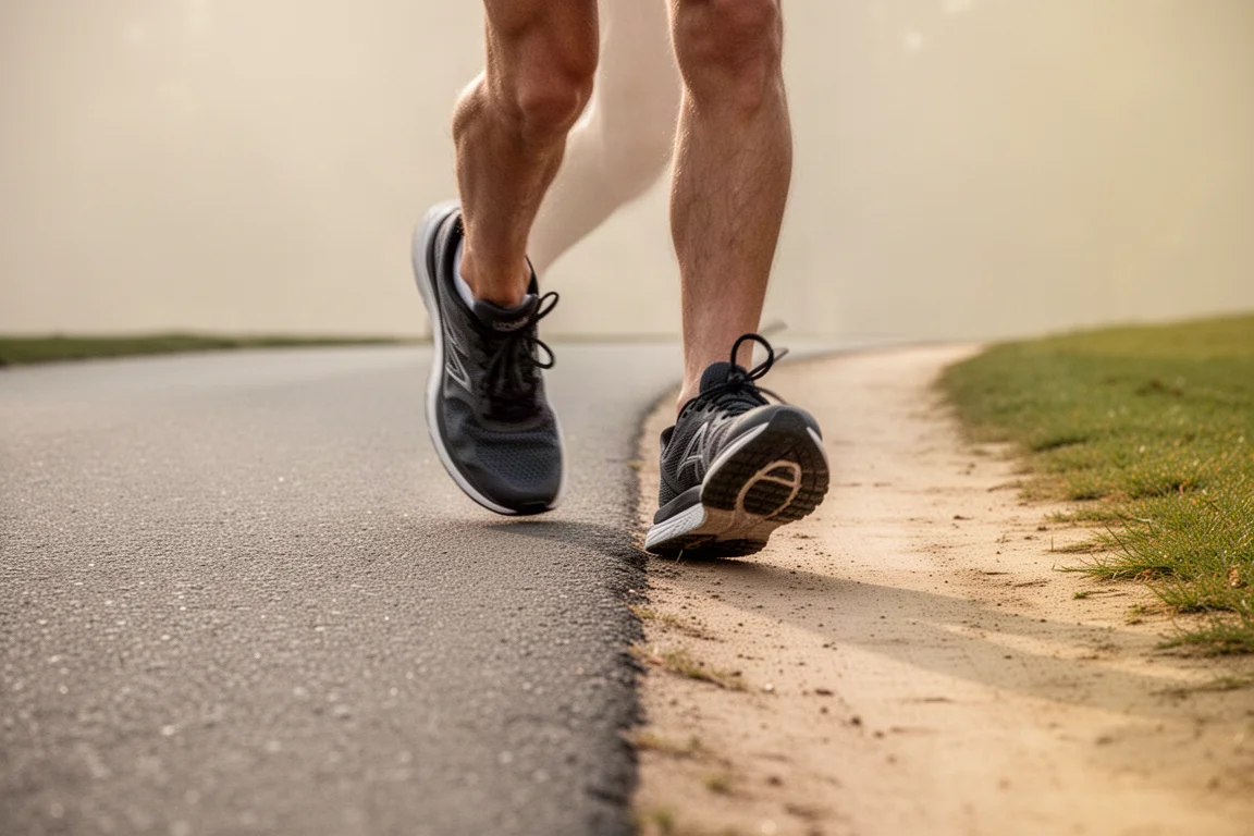 Läufer wechselt am Stadtrand von Asphaltweg auf einen Feldweg über