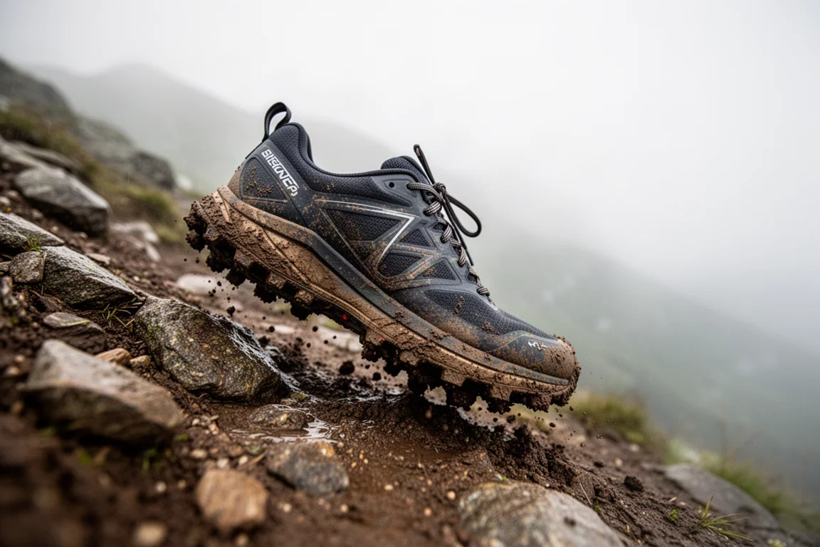 Schlammiger Trail-Schuh greift an einem nassen Felsabhang in den Bergen