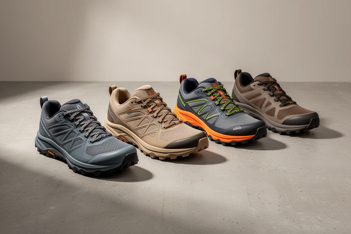 Five Nike trail running shoes arranged in a row on a concrete surface