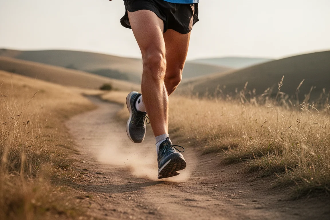 Trailrunner bewegt sich auf einem breiten Kies-Waldweg bei sanftem Tageslicht