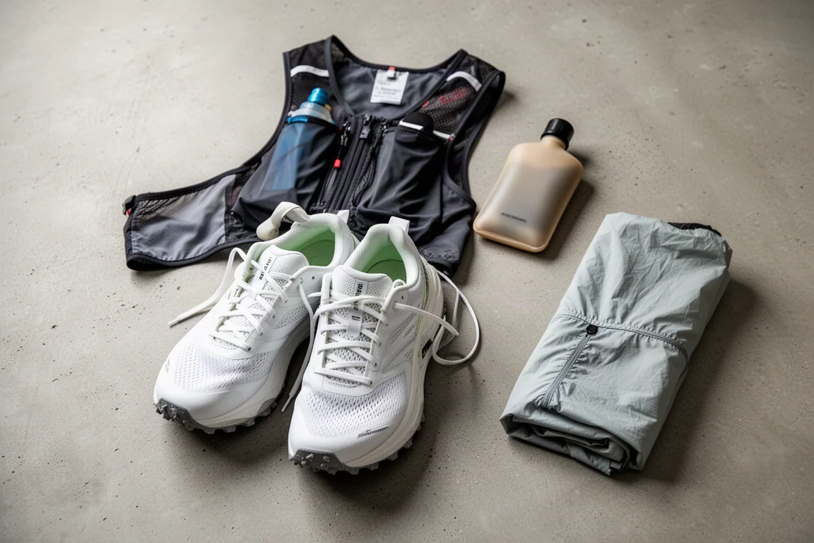 Paar Trailschuhe ruht nach dem Lauf auf einer Holzveranda