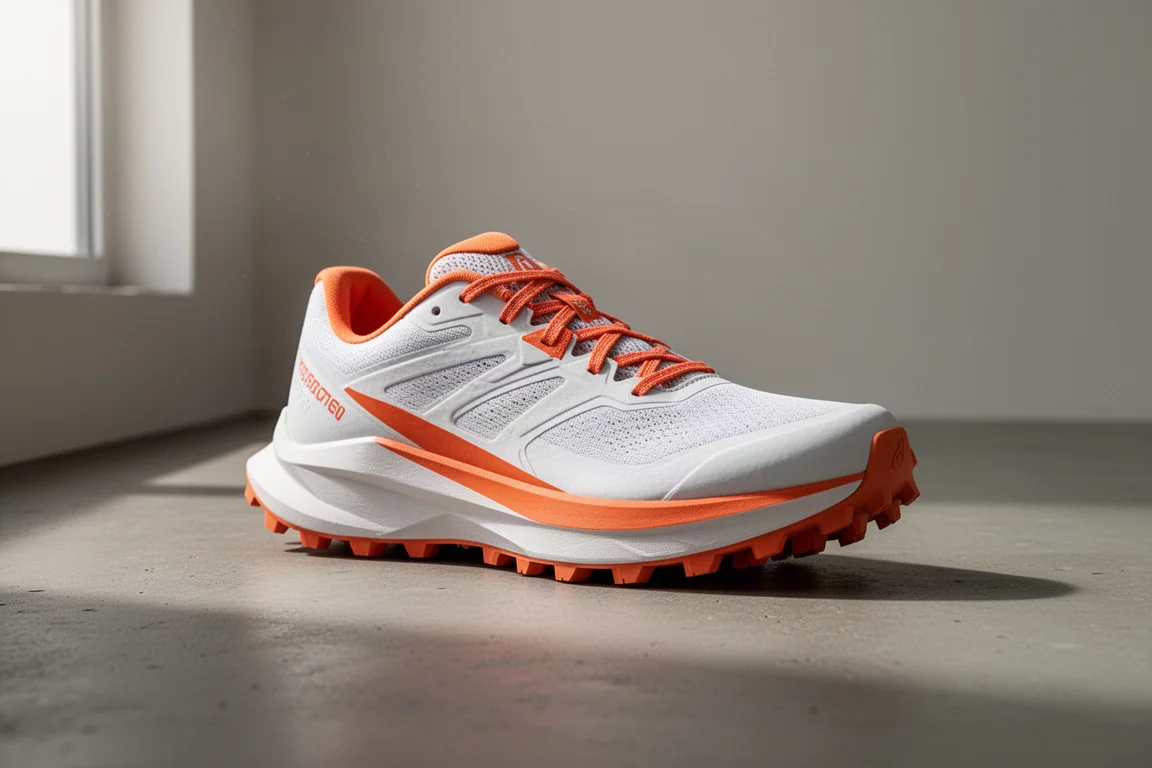 Nike Ultrafly trail running shoe in white and orange on a concrete surface