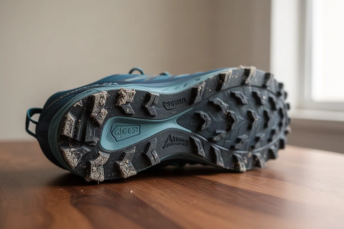 Slitna hälknopar på yttersulan på en trailrunning-sko efter längre användning