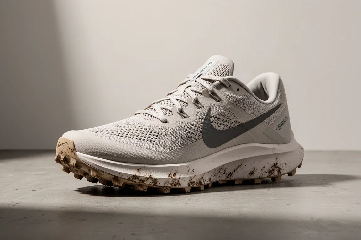 Nike Ultrafly trail running shoe with worn outsole on concrete surface