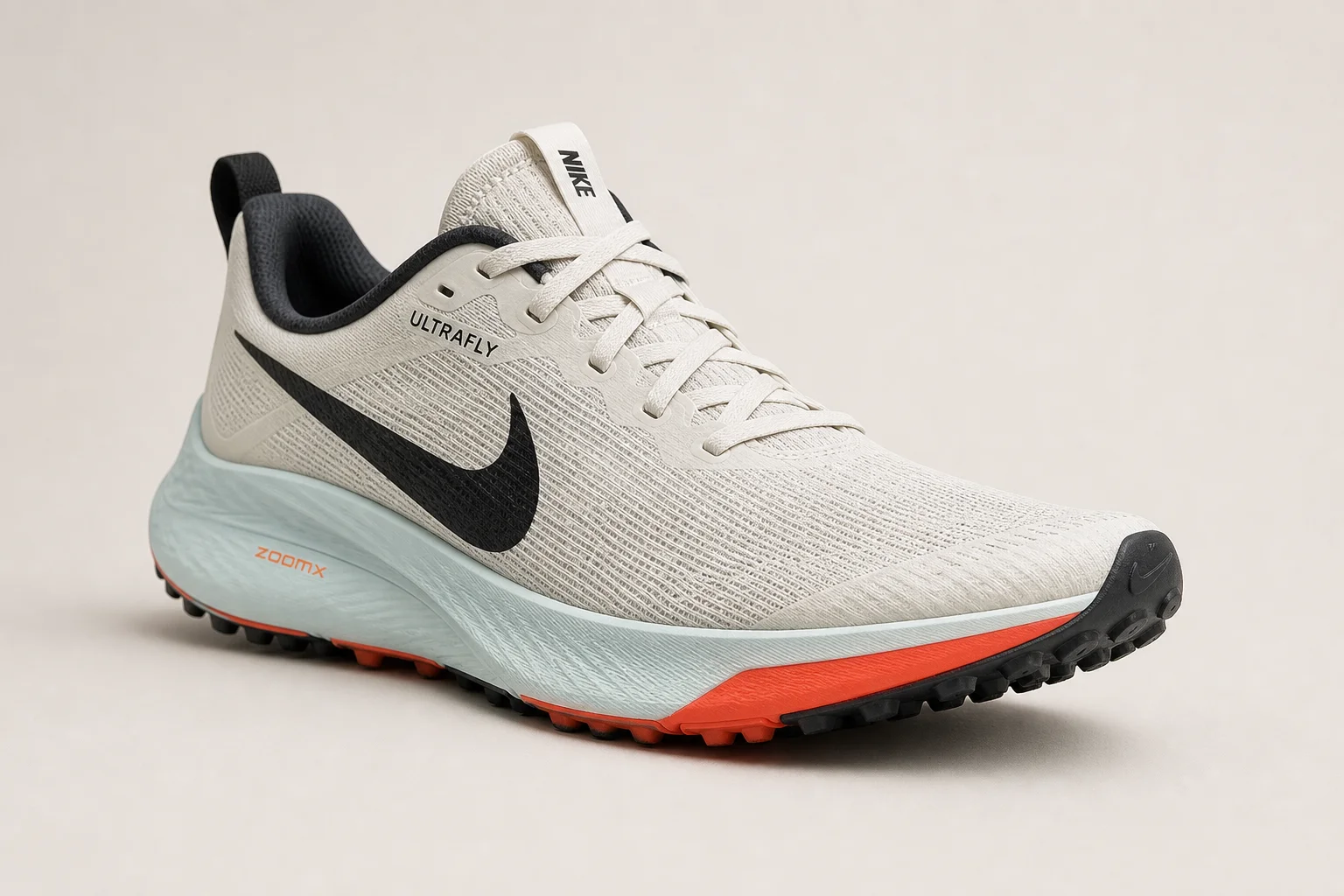Cinco zapatillas de trail running Nike dispuestas en progresión sobre una superficie de hormigón