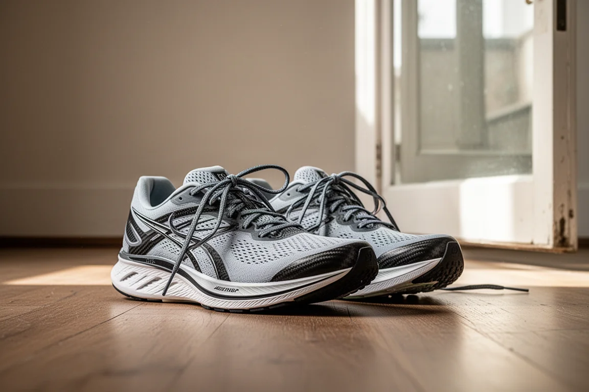 Corredor atándose los cordones de un par de zapatillas ligeras de competición con placa de carbono antes de un entrenamiento