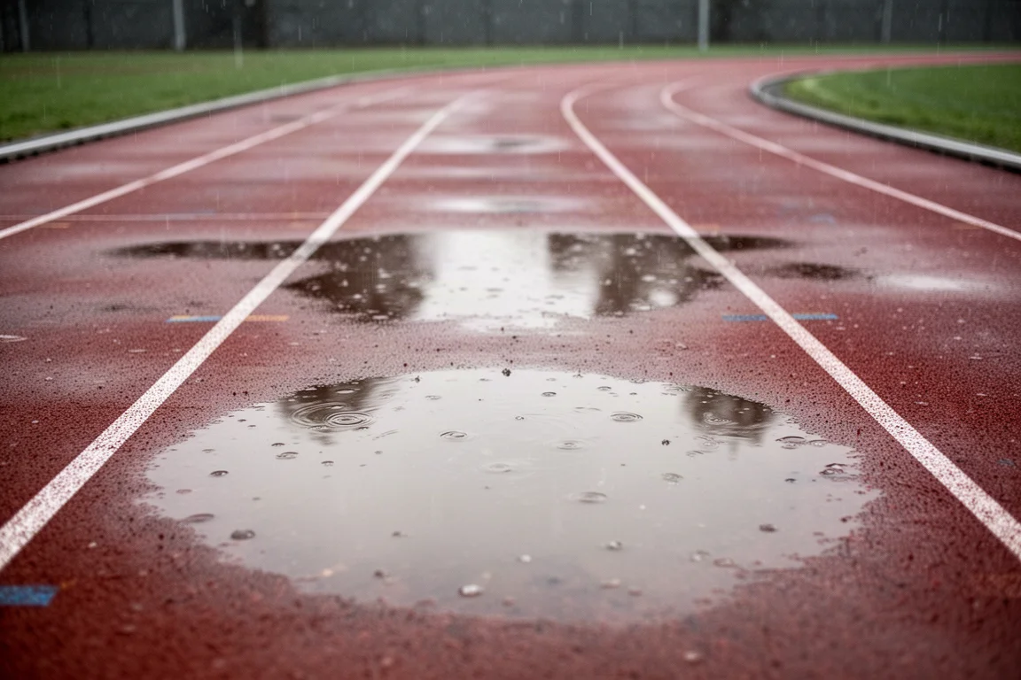 Pista de atletismo mojada tras la lluvia con charcos que reflejan la luz nublada